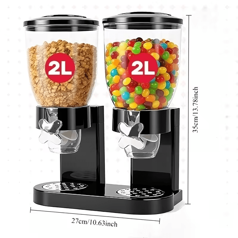 Double Cereal Dispenser With 2 × 2l Containers, Dry Food Dispenser With Twist Knob And Drip Tray, Storage Container For , Candy, Nuts, Beans, And Grains, Kitchen And Breakfast Organizer, Black