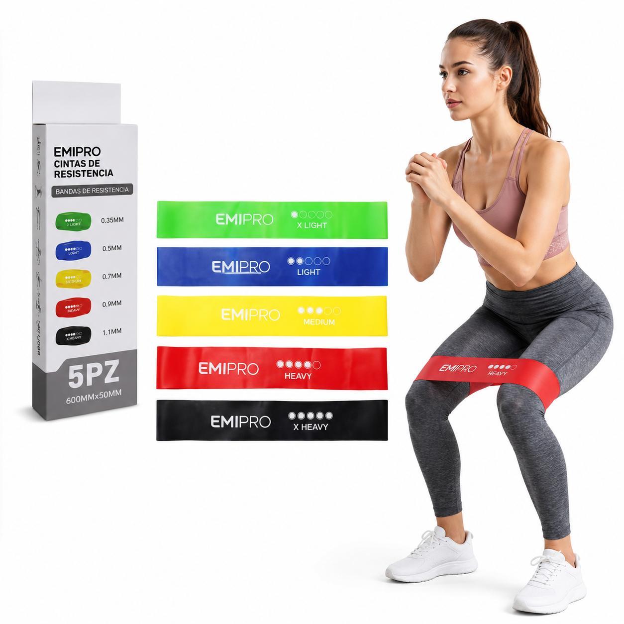 imagen del artículo bandas elásticas de entrenamiento, set de 5 resistencias, látex natural, para fitness, yoga, pilates, brazos y piernas