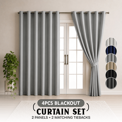 item picture 4pcs blackout curtain set featuring 2 curtain panels 2 tiebacks durable plain double layer window drapes with eyelet top designed for privacy insulation easy to care decorative panels home decor