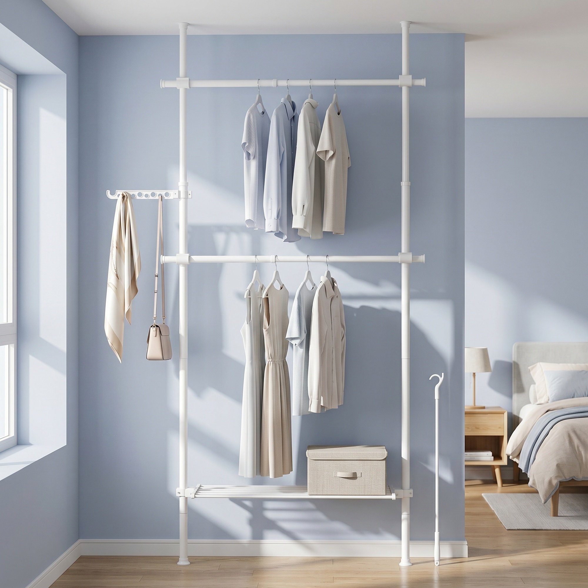 Image of Telescopic Clothes Rack, Adjustable Floor-to-ceiling Wardrobe, No Drilling Required, (84-123) X 33.5 X (220-300) Cm, White