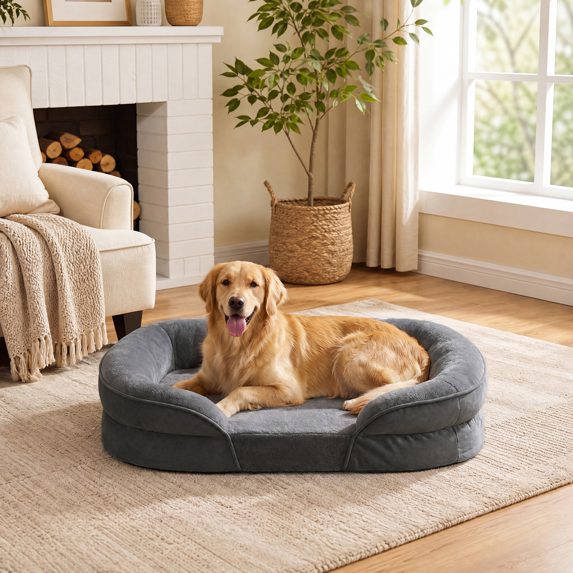 Image of Dog Bed, Dog Pillow, Waterproof Inner Layer, Raised Edges, Removable, Washable Cover, Grey
