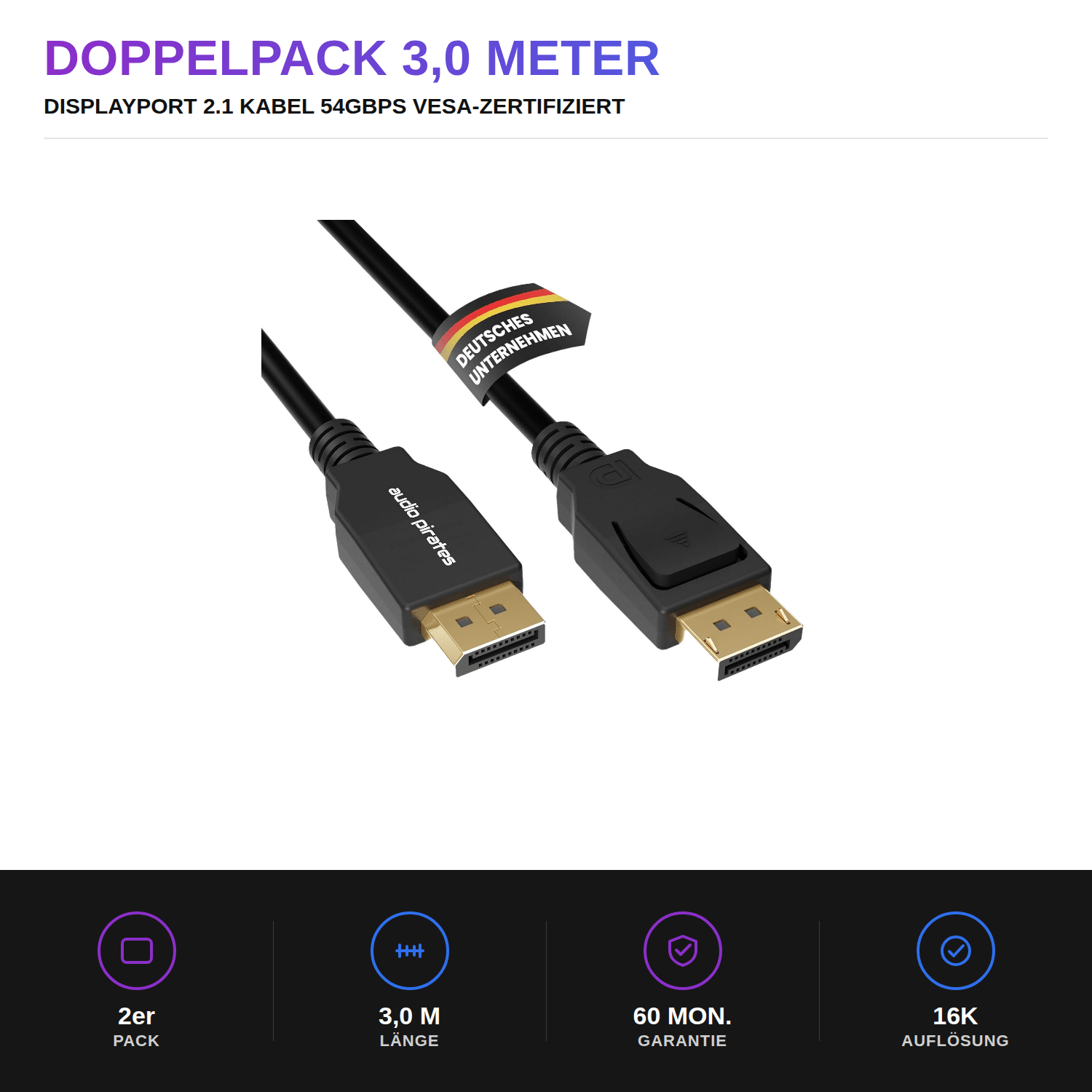 Image of Audio Pirates Displayport 2.1 Cable, 2m, Vesa Certified, 54gbps, 16k@60hz 8k@120hz 4k@240hz, Hdr Freesync, Od: 7mm, Ideal For Gaming, Cad Gaming+ Collection