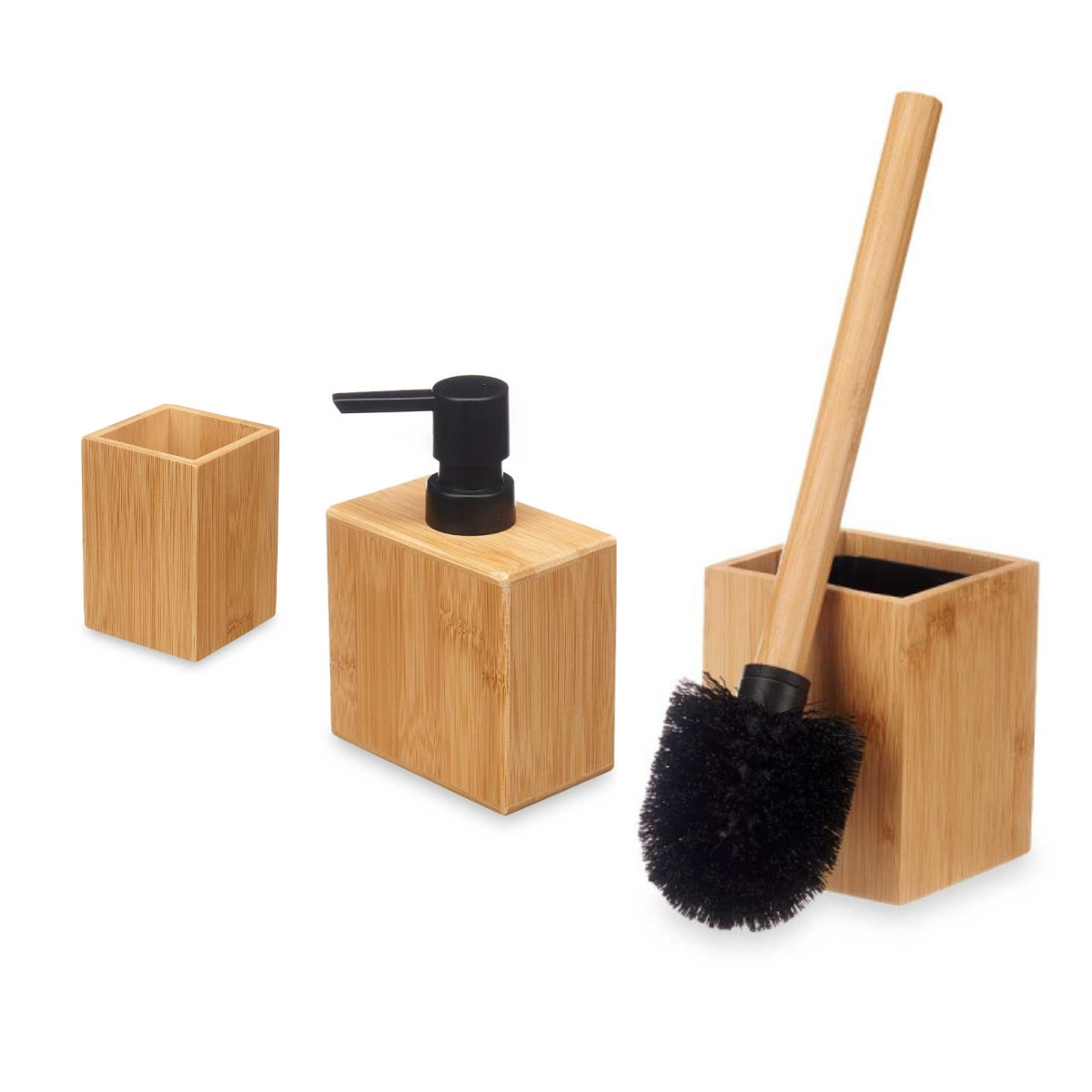 TEMU Ensemble de salle de bain en bambou 3 pièces - Distributeur, porte-brosse à dents et brosse avec base | Design et naturel pour