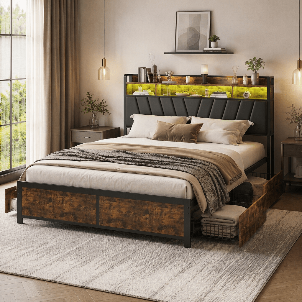 Image of Sturdy Double Bed 180x200 Cm In Solid Wood And Metal, Led Headboard With Compartments And Usb, 4 Drawers, Storage Space, Mattress Not Included