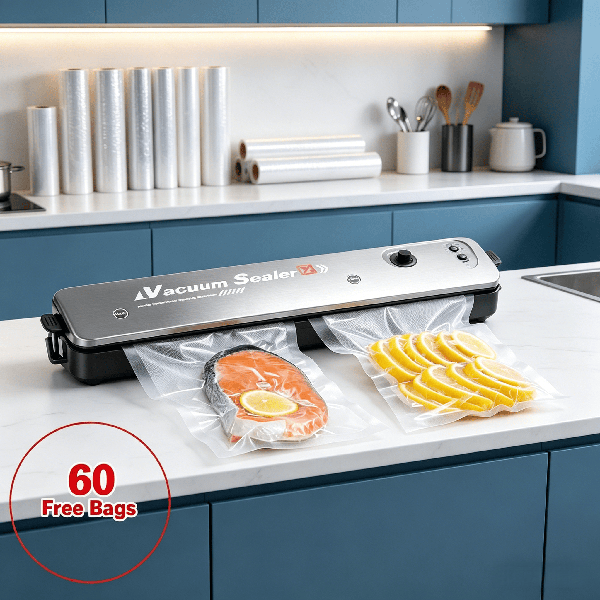 Image of Household Vacuum Sealer + 60 Food Storage Bags, Portable Food Sealing Machine For Meat, Fruit And Long- Food Storage