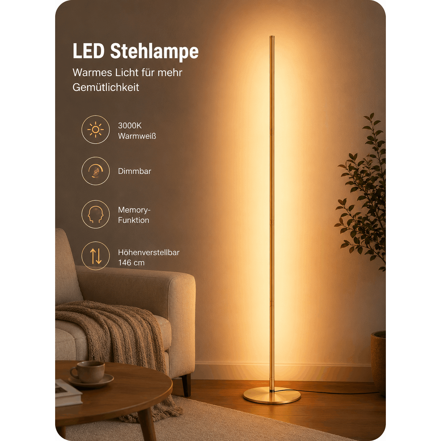 Led Floor Lamp Dimmable 146cm, 3000k Warm White With Memory, Height-adjustable Floor Lamp For Living Room & Office, Golden