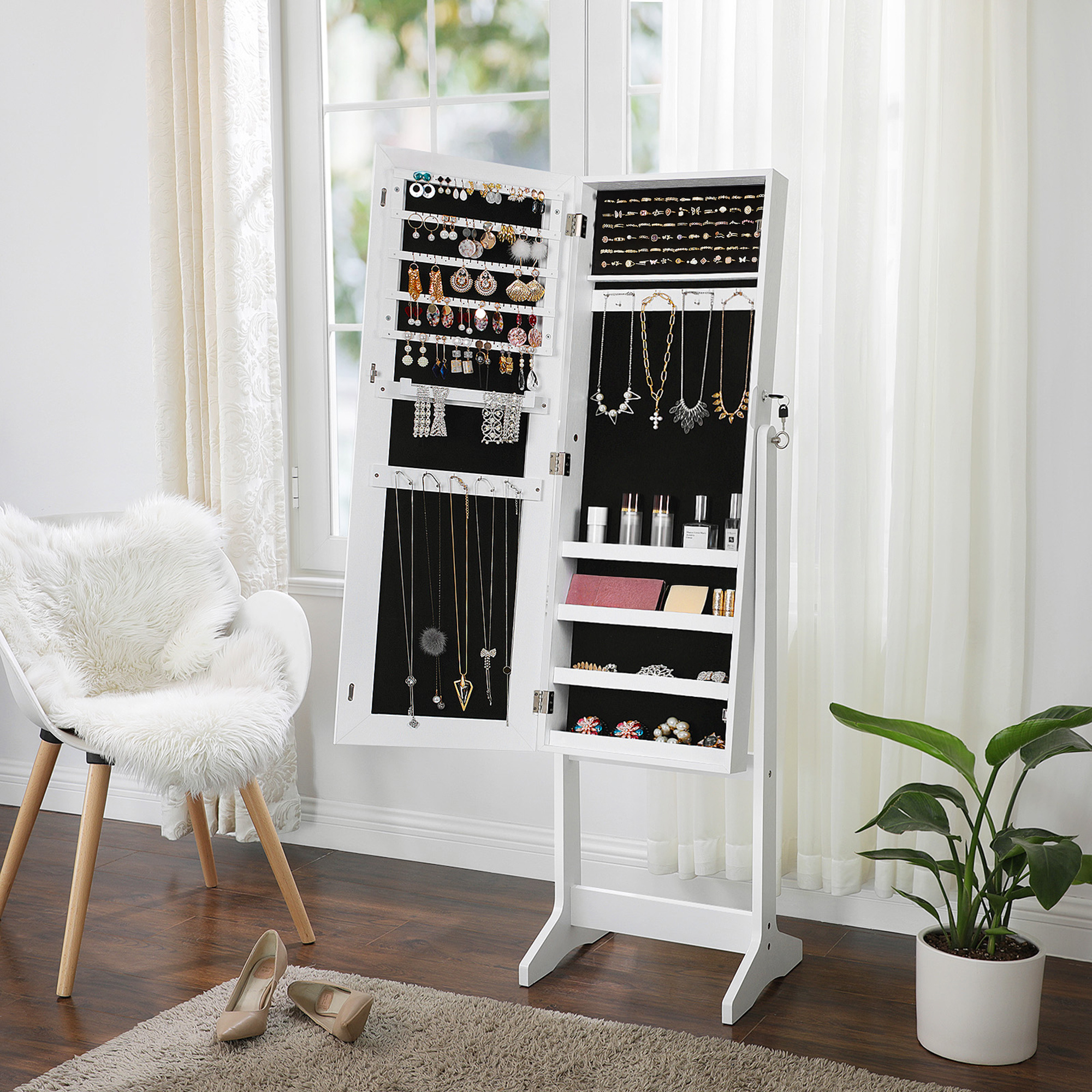 Image of Jewelry Cabinet With Full-length Mirror, Lockable Floor Mirror, Jewelry Storage, 151.5 X 41 X Cm, White