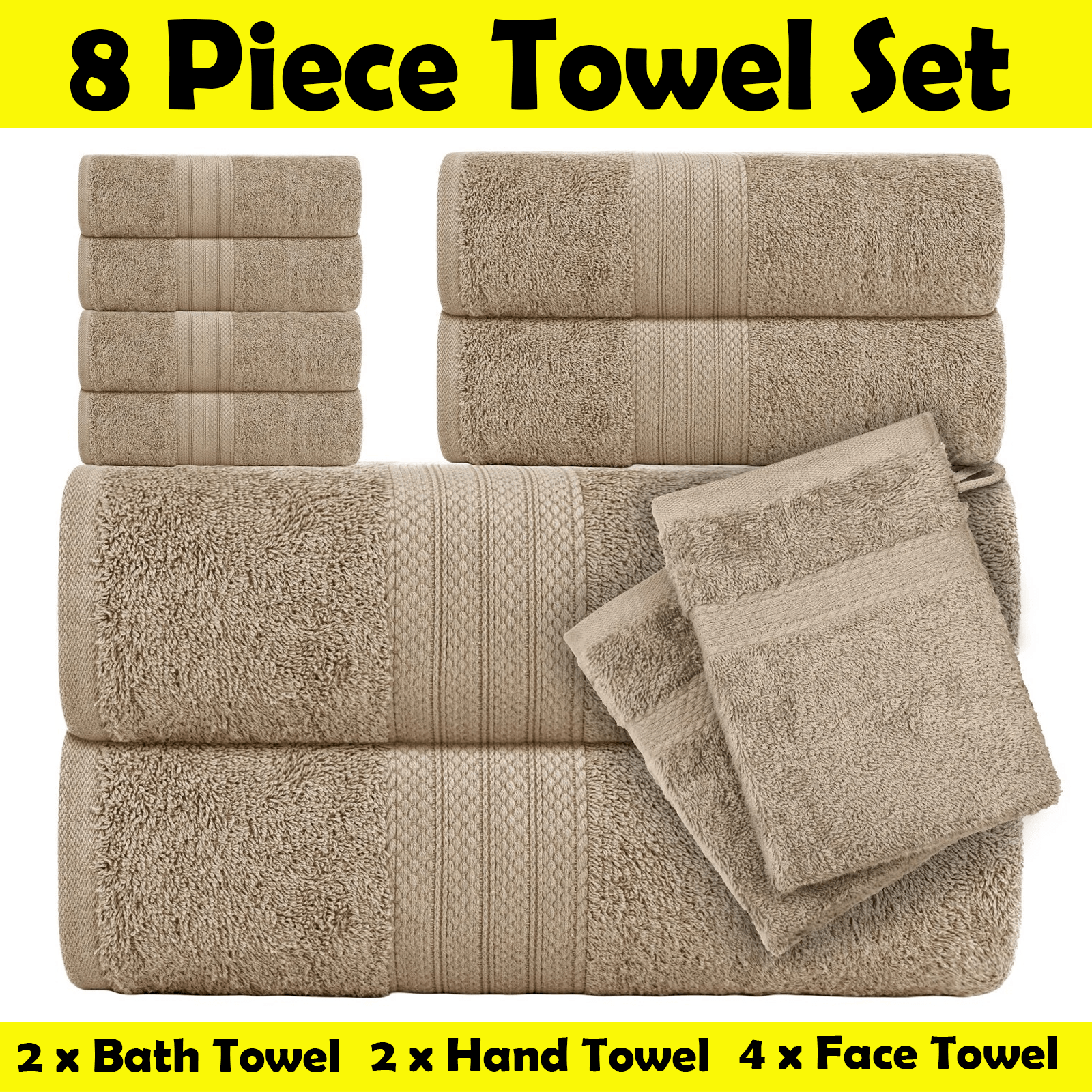 Image of 8pcs Luxury Towel Set 2x Bath Towels, 2x Hand Towels, 4x Face Towels - Bale Set 100% Absorbent Quick Dry Multiple Colors | Bath Towel 70x135 Cm | Hand Towel 45x 80 Cm | Face Towel 30x30 Cm