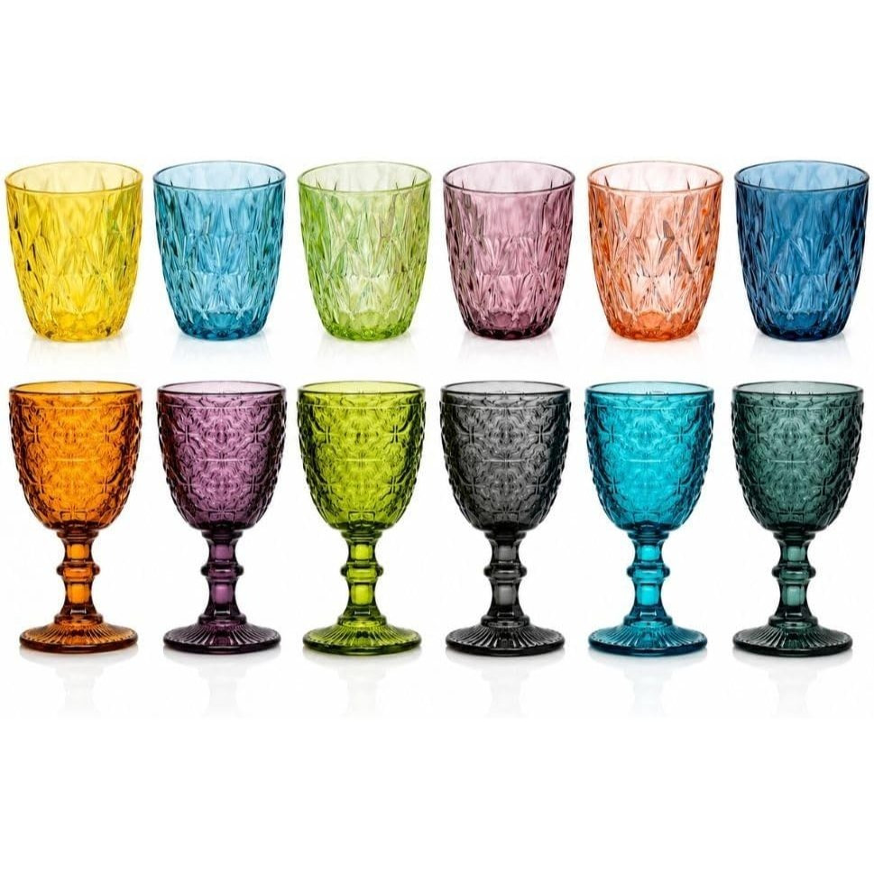 TEMU cecaro group Set 12 Pezzi Bicchieri e Calici in Vetro �� 6 Bicchieri Acqua 250 ml + 6 Calici Vino 350 ml �� Mosaico