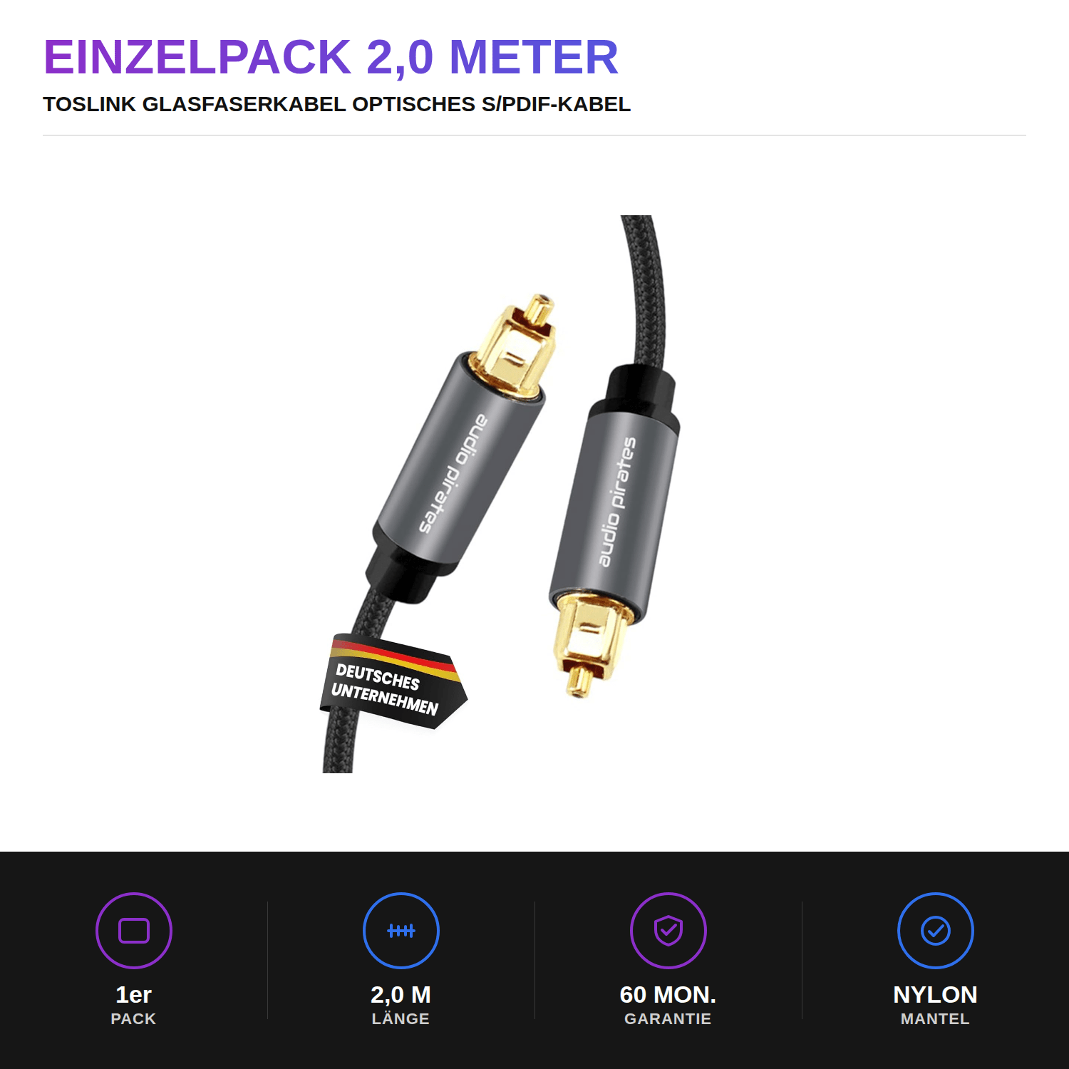 Image of Audio Pirates Fiber Optic Cable, Optical Digital S/pdif Cable | Amplifier, Home Theate , Od: 4.0mm, Nylon Sleeve, Metal Connectors, 24k Gold Plated | Performance Collection