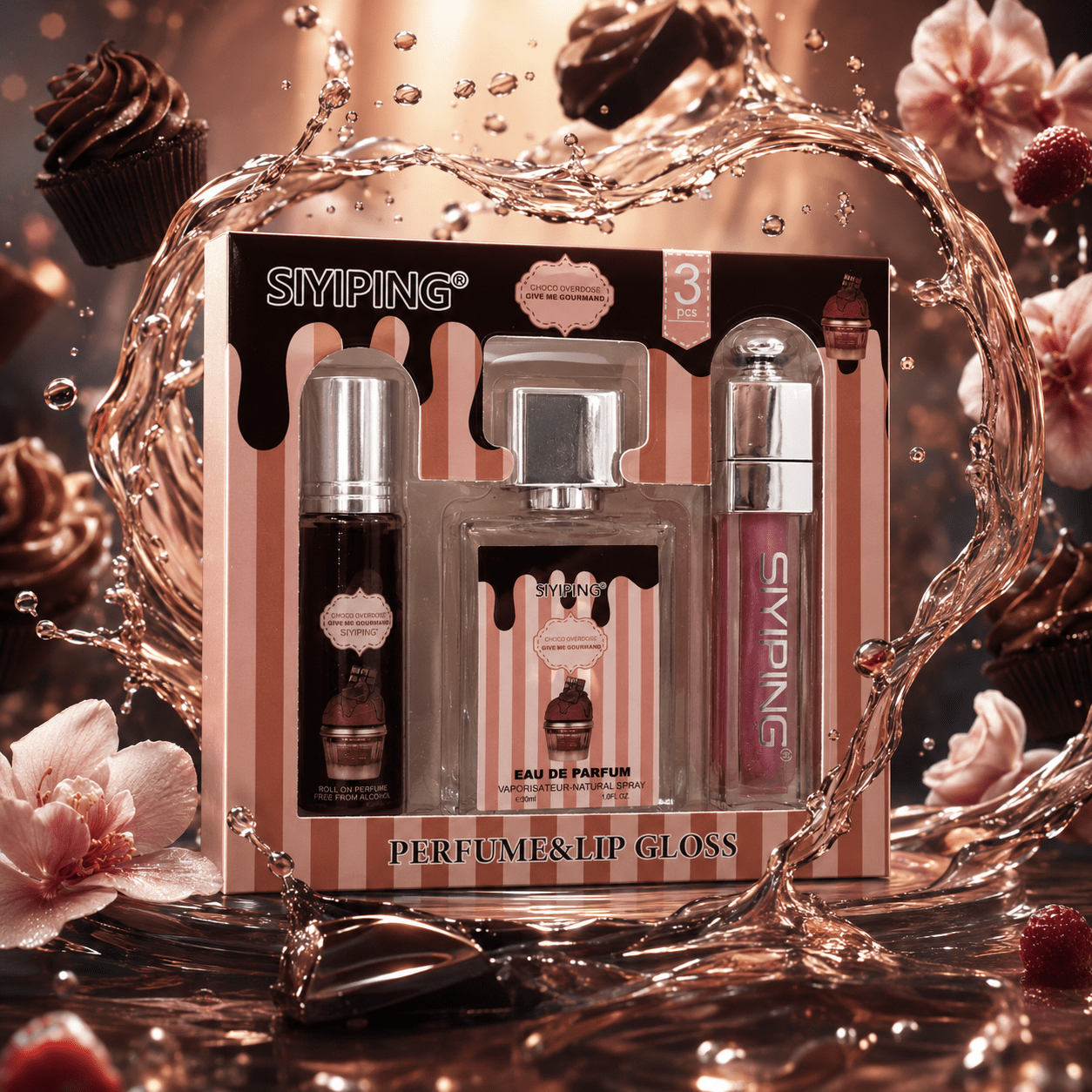 Gourmet 3pcs – 30 Ml Eau De Parfum, 10 Ml Perfume , And 4 Ml Lip Gloss – Women's Gift Idea