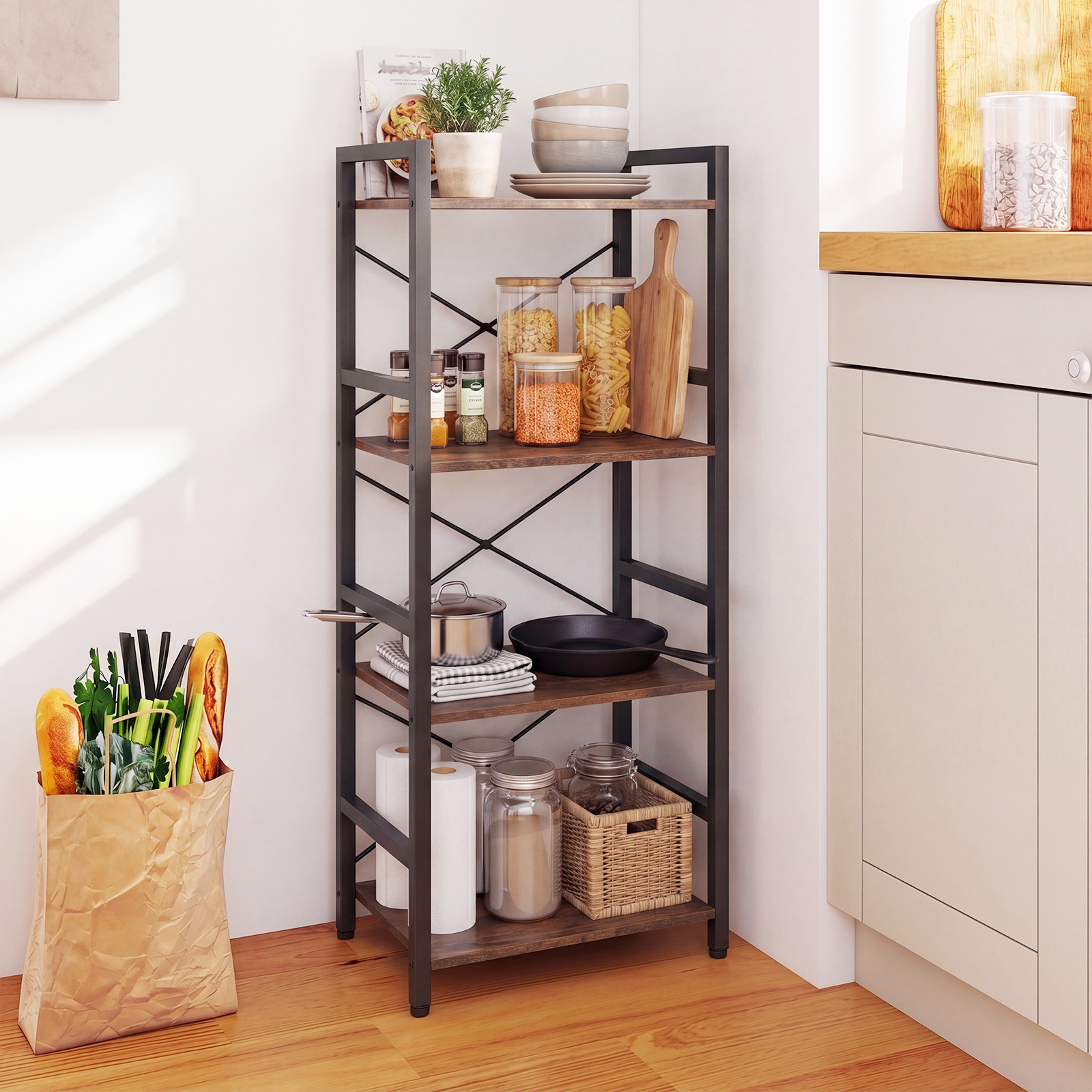 Image of Narrow Bookshelf, 4-tier Freestanding Bookcase With Heavy-duty Metal Frame, Industrial Style Display Rack With Open Shelves & Anti-fall Room Home Office, Rustic