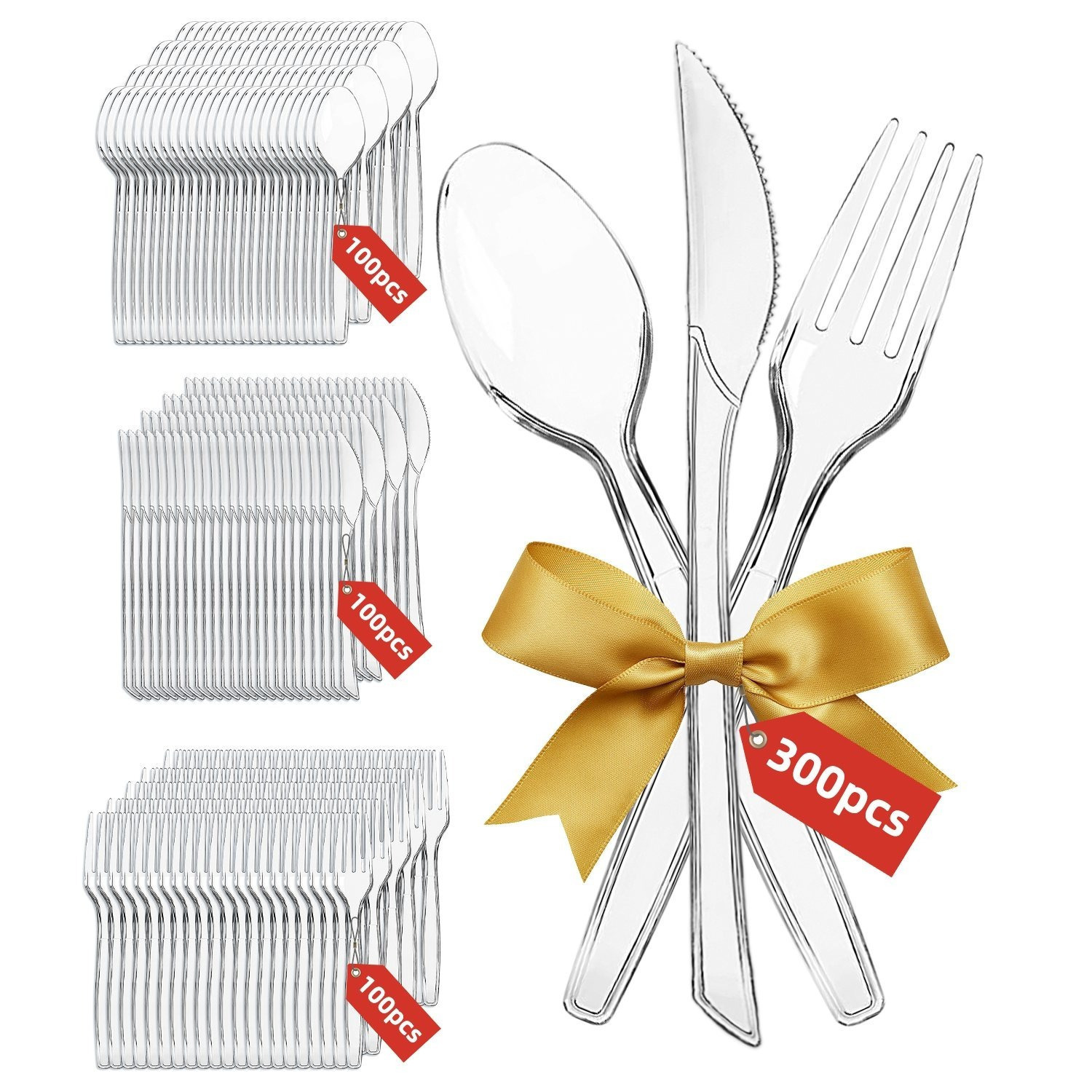 TEMU 300 Pack Clear Plastic Cutlery Set 100 Forks 100 Spoons 100 Knives Heavy Duty Transparent Plastic Silverware Utensils For Wedding Birthday Party