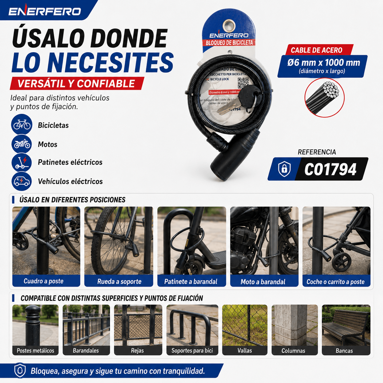 TEMU Candado de Cable para Bicicleta ENERFERO de 1000 mm x 6 mm con Llaves, Bloqueo Universal para Bicicleta, Moto, Patinete y Vehículo Eléctrico,