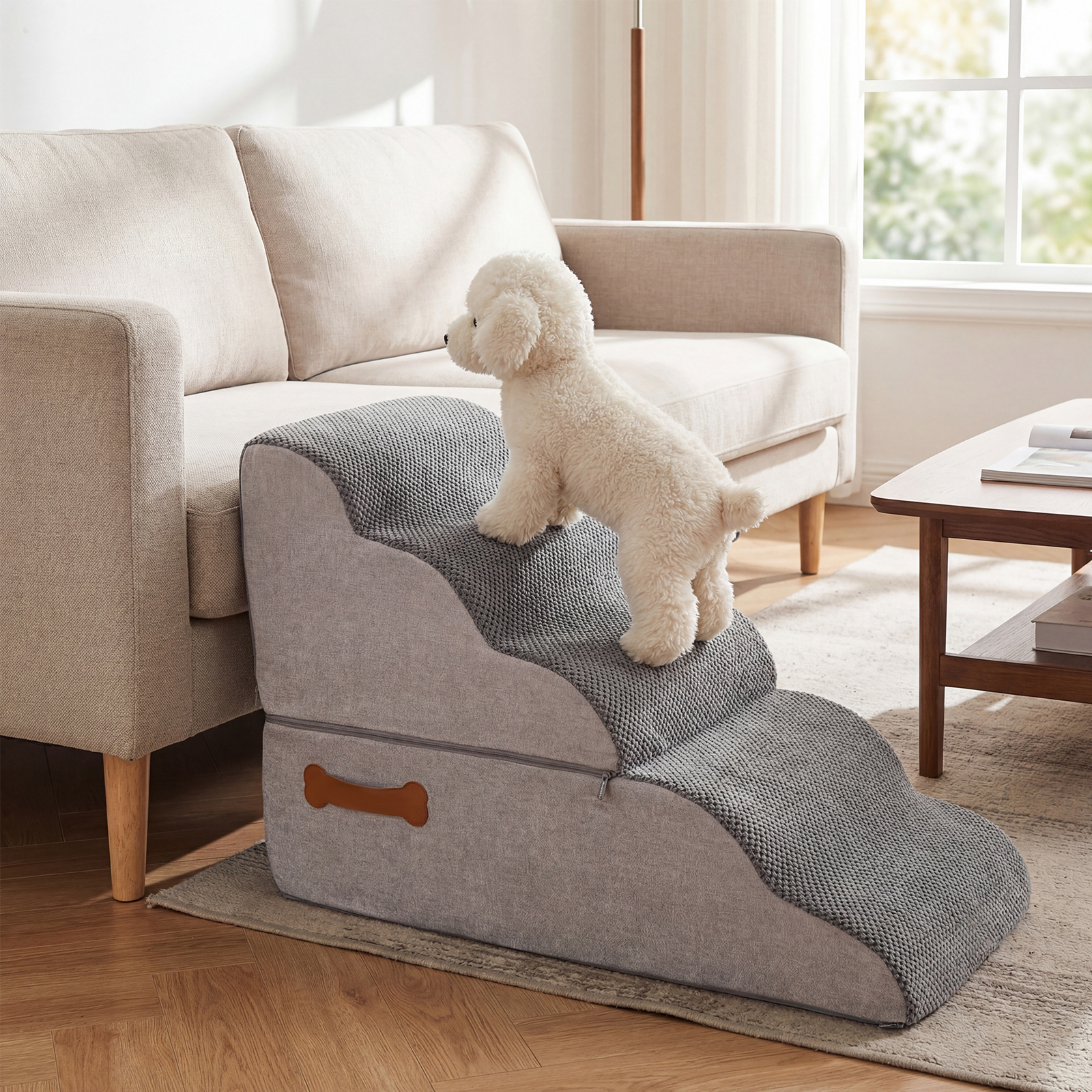 Image of 5-step Dogs Ramp, High-density Foam Dog Stairs With Washable Cover, Anti-slip Bottom, Included Lint Brush For , Bed & Sofa, Multifunctional Pet Ladder For Short-leg, Injured