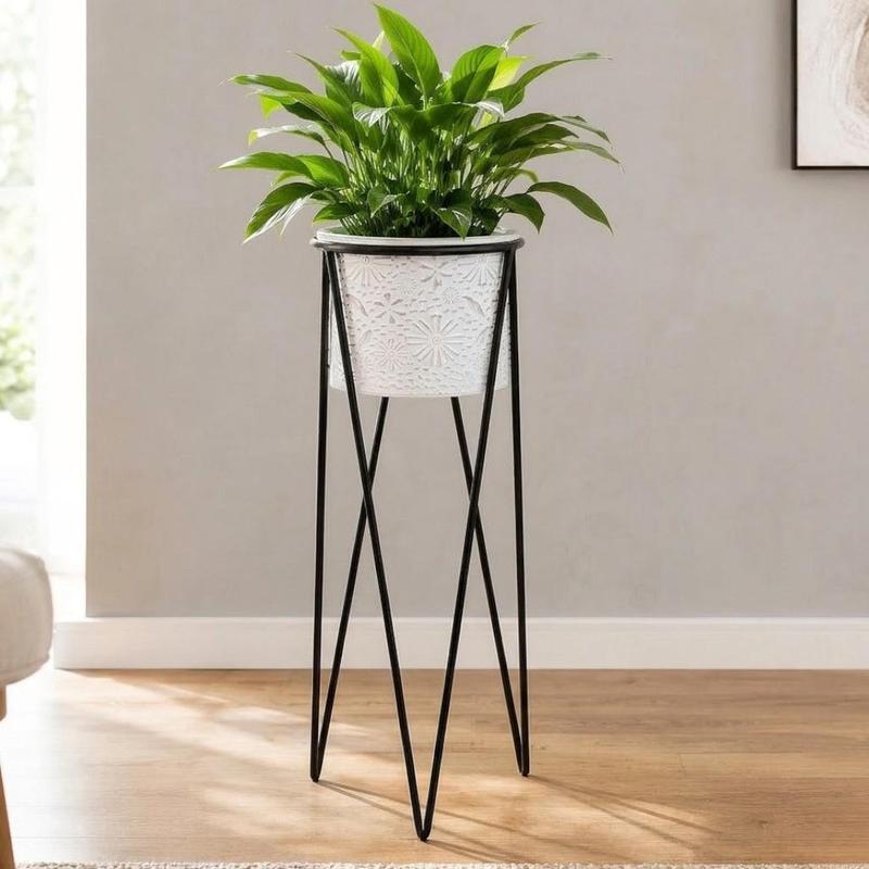 Image of Tall Flower Stand With Metal Pot In Black And White, 75 Cm High, Dandibo Flower Stand, Modern Plant Stand, Plant Pedestal
