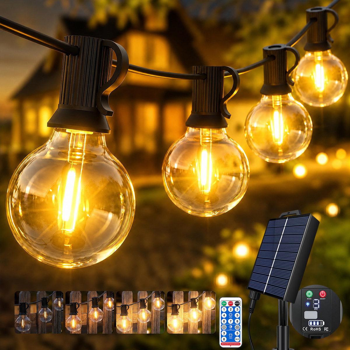 Image of G40 Solar String Fairy Light With Remote Control, 8 Light , Ip44 And 4 Brightness Levels, Warm White Lamp Indoor/outdoor For Balcony, Party, Wedding Decoration