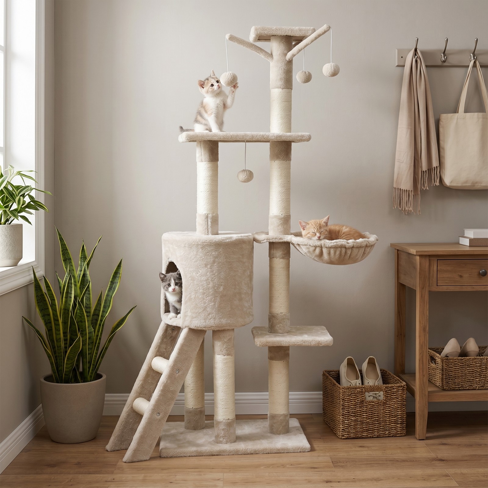 Image of 140 Cm Tall Cat Tree, Cat Tower With Sisal Scratching Posts, Cat Condo & Basket & Perch, Ladder, Pompom Stick, Dangling Balls, Cat Furniture Activity Center For Indoor Cats Kittens