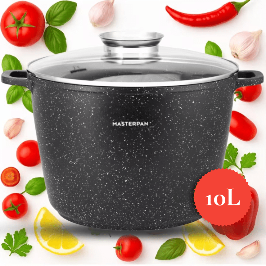 XXL Pot, Pot, 2 stuks, Zeer Pot 10L, Anti-aanbaklaag, Geschikt voor Inductie Kookplaten, met Glazen Deksel, Ideaal voor Soepen en Porties, voor Alle Kookplaten.
