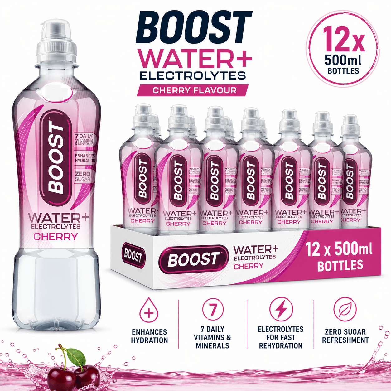 TEMU Boost Sport Cherry Water Plus Electrolyte Drink Pack Of 12 X 500ml