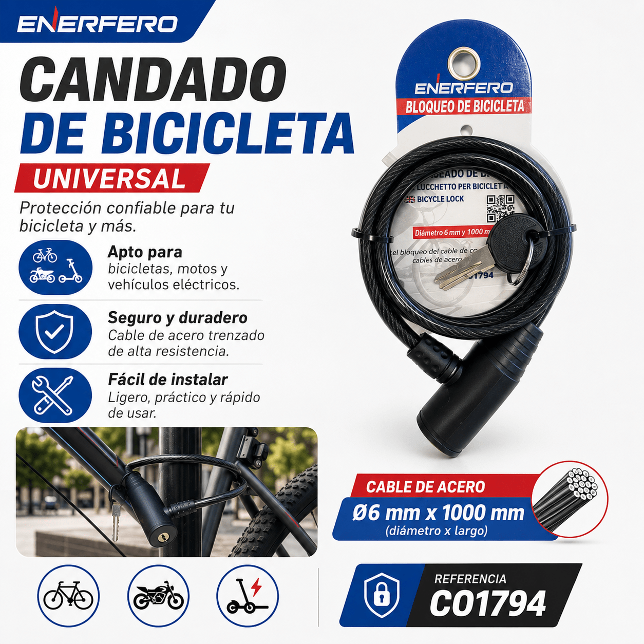 TEMU Candado de Cable para Bicicleta ENERFERO de 1000 mm x 6 mm con Llaves, Bloqueo Universal para Bicicleta, Moto, Patinete y Vehículo Eléctrico,