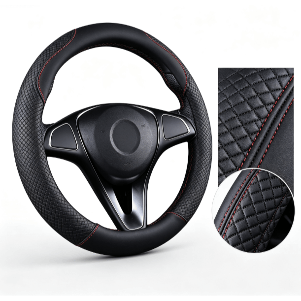 15 Inch Universal Car Steering Wheel Cover, Soft Faux Leather Breathable Non-slip Grid Texture, Red Sewing Decorative Steering Protective Wrap, Fit Most Sedans, Suvs And