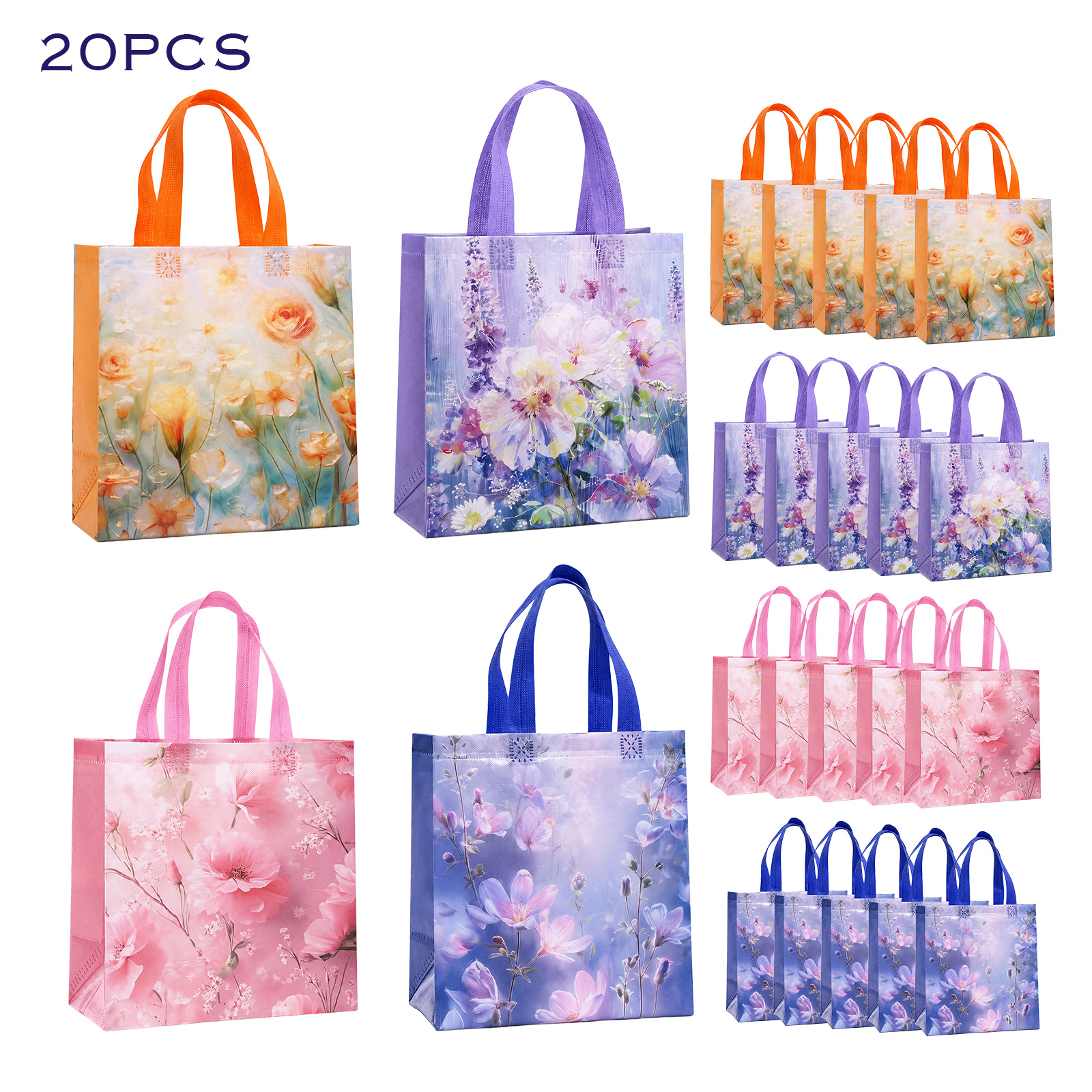 TEMU 20pcs Floral Gift Bags With Handles - Elegant Floral Patterns In Blue, Pink, Orange, Purple, - Large Party Favor Bags For Wedding, Birthday,
