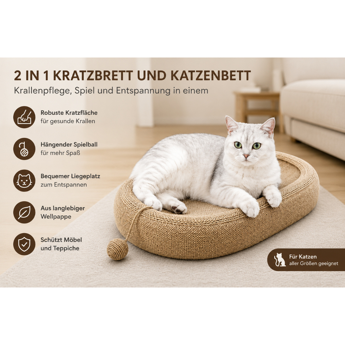 Cat Scratching Board 57 × 36 × 6.5 Cm With Lounging Area And Play Ball