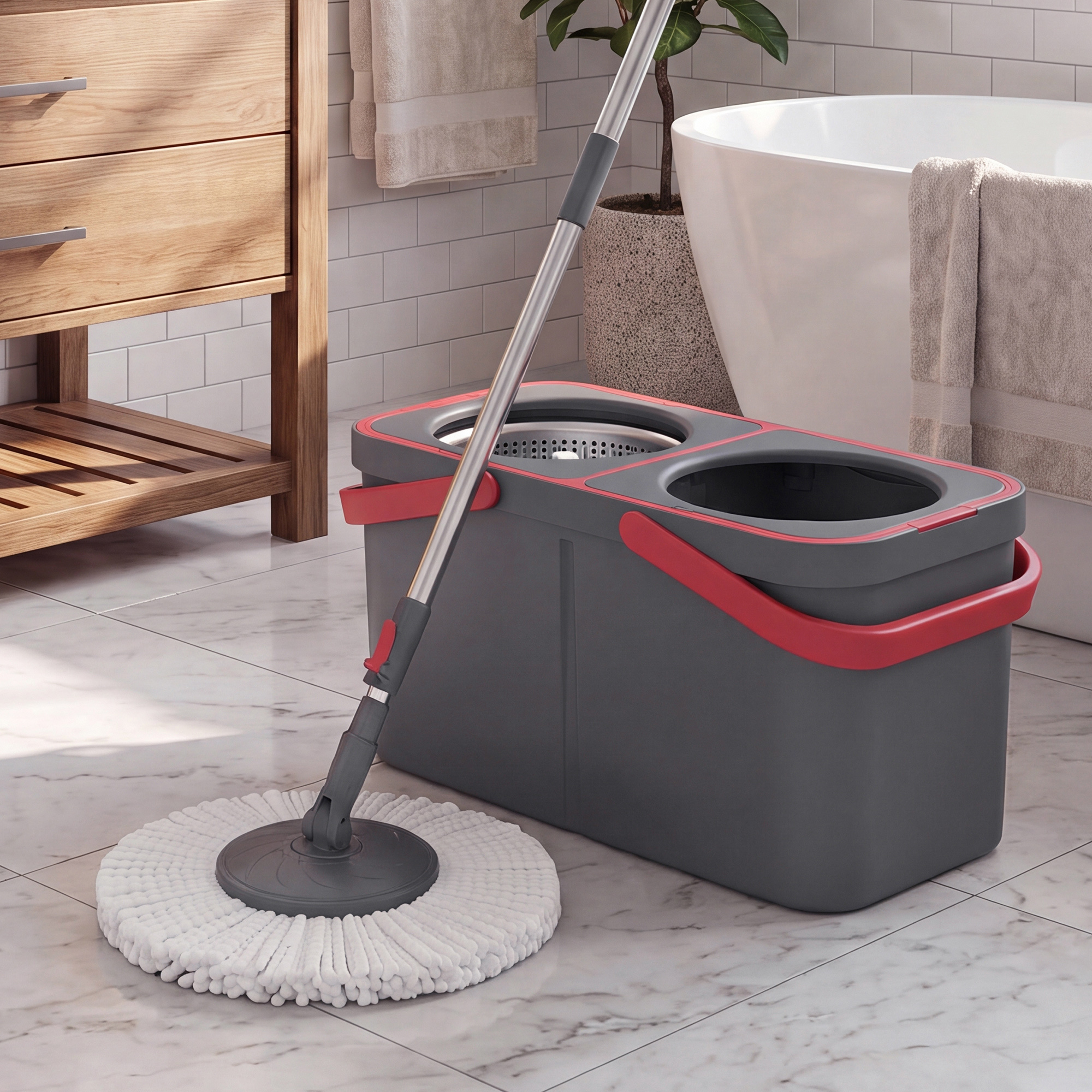 Image of Mop Set With Bucket And , 4 Mop Pads, Stainless Steel Basket, 47.5 X 25.5 X 24 Cm, Grey And Red