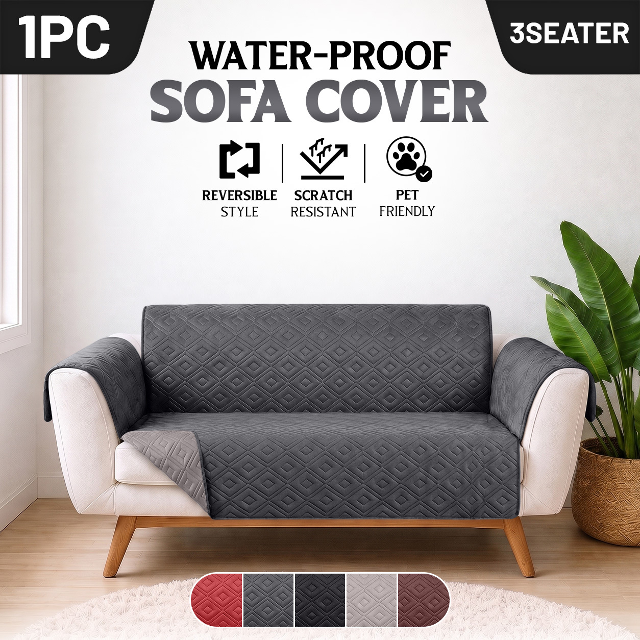 TEMU 1pc Anti-slip Reversible Waterproof Quilted Sofa Cover With Tie Hooks, Pet-friendly Scratch Resistant Couch Protector, Machine Washable, Fits