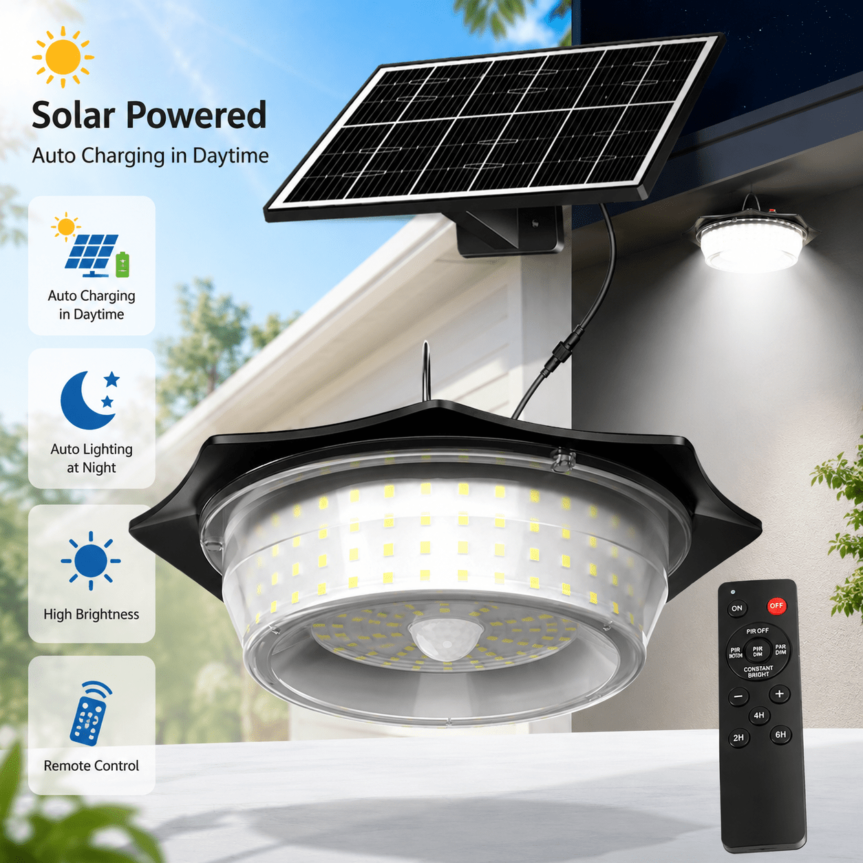 Image of Solar Shed Pendant Lights Indoor Outdoor With Remote Control, 5 Light , 3600 Mah Battery, Brightness Change, Hanging With Motion Sensor, Timer Lamp For Home, Garage Decoration