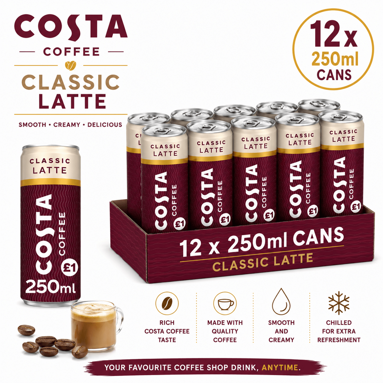 TEMU Costa Coffee Classic Latte Pack Of 12x250ml
