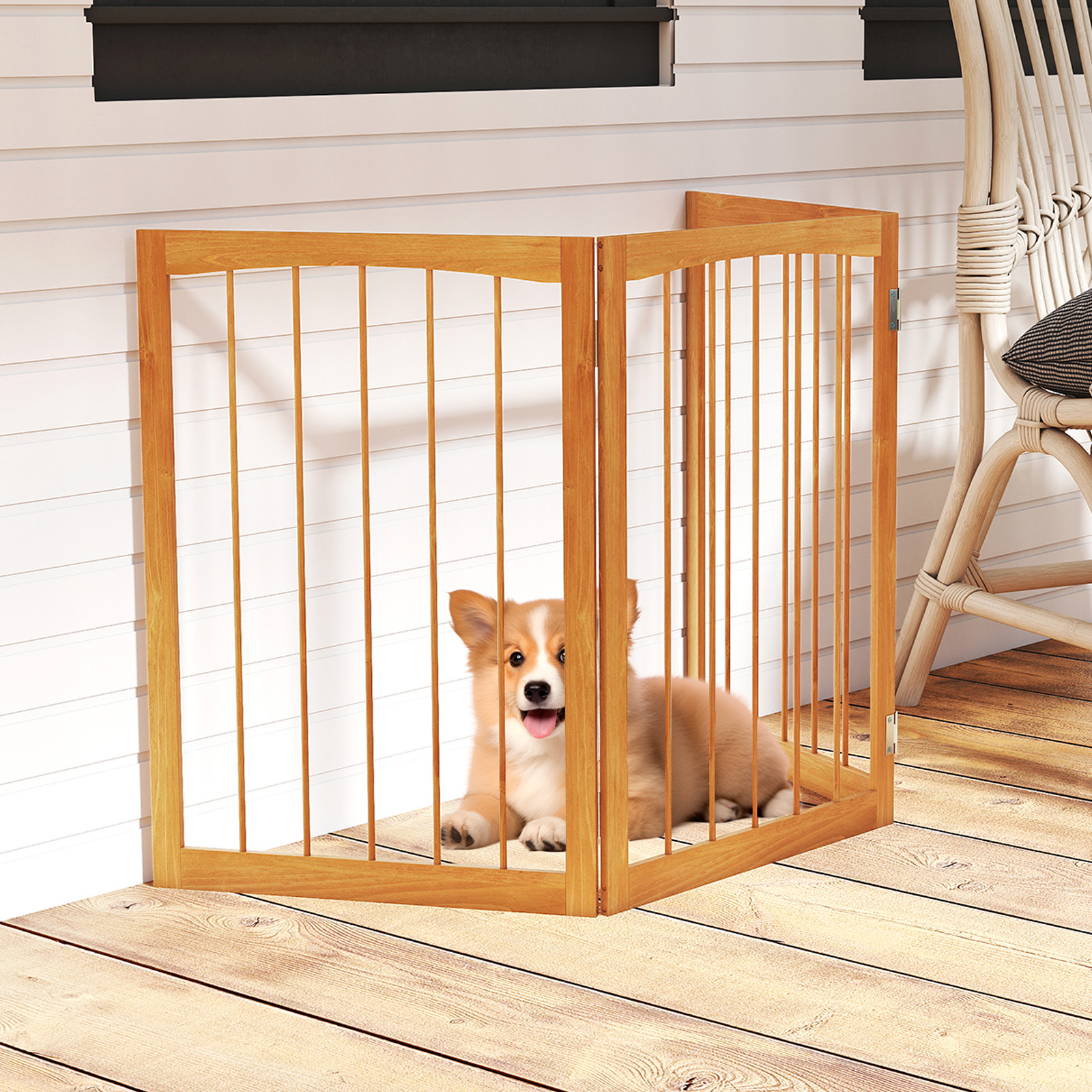 Image of 30" Tall Pet Gate, Wooden Dog Fence 180° Rotation, Premium Hinge, Solid Wood Frame, 3-panel Room Divider Barrier For Doorway Hallway Stairs