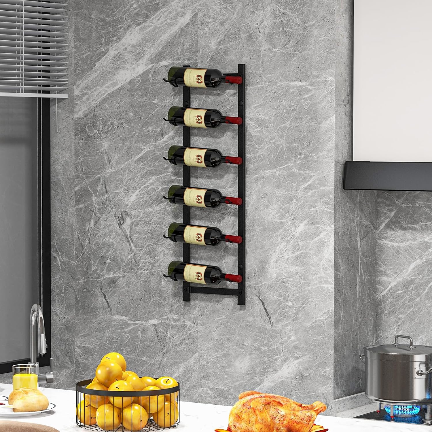 Image of Wall Mounted Wine Rack For 6 Wine Bottles, Metal Wine Rack Organizer For Liquor, , Wine Storage Holder For Kitchen, Dining Room, Bar