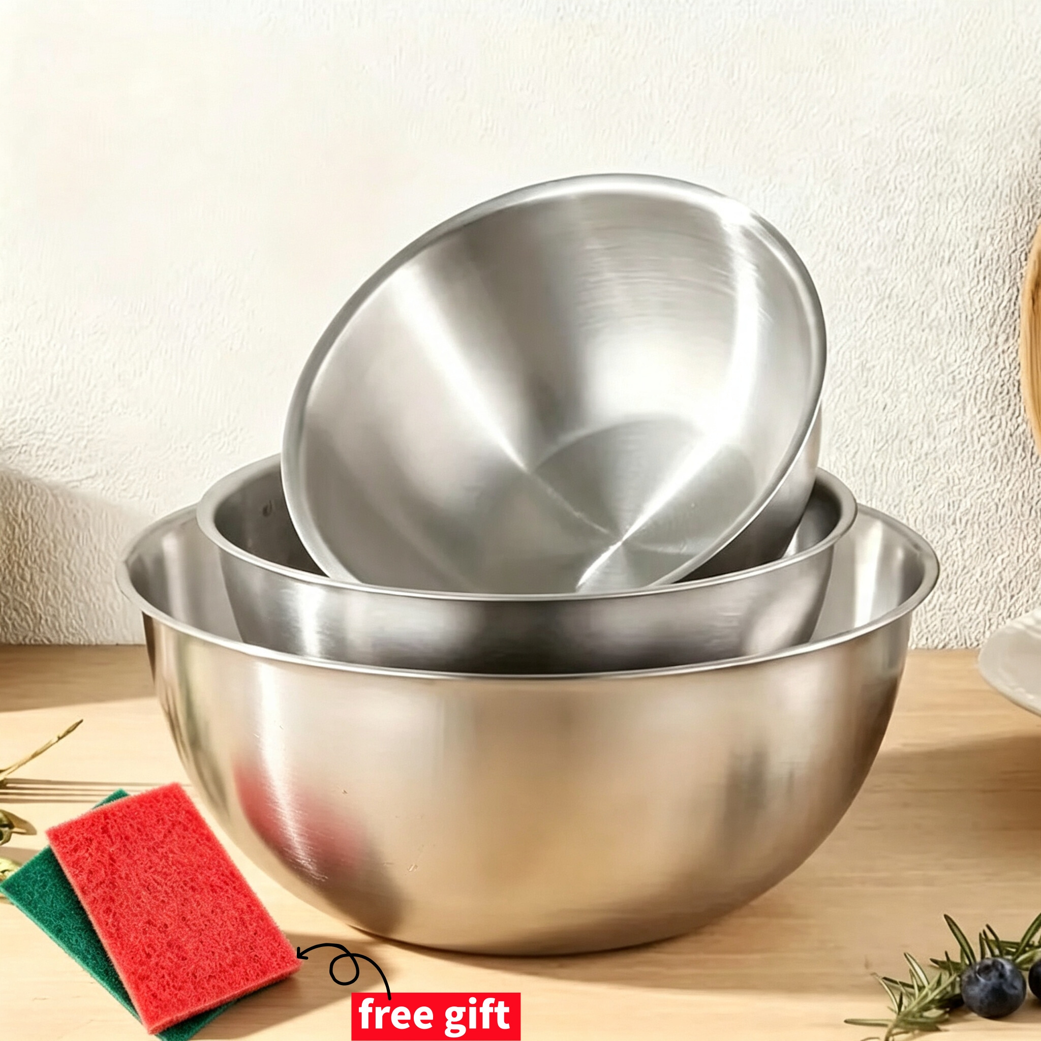 TEMU 3pcs Stainless Steel Bowl Set, Mixing Salad Serving Portioning Bowls In Small, Medium And Large Sizes, Ideal For Fruits, Vegetables, Meat, Soup,