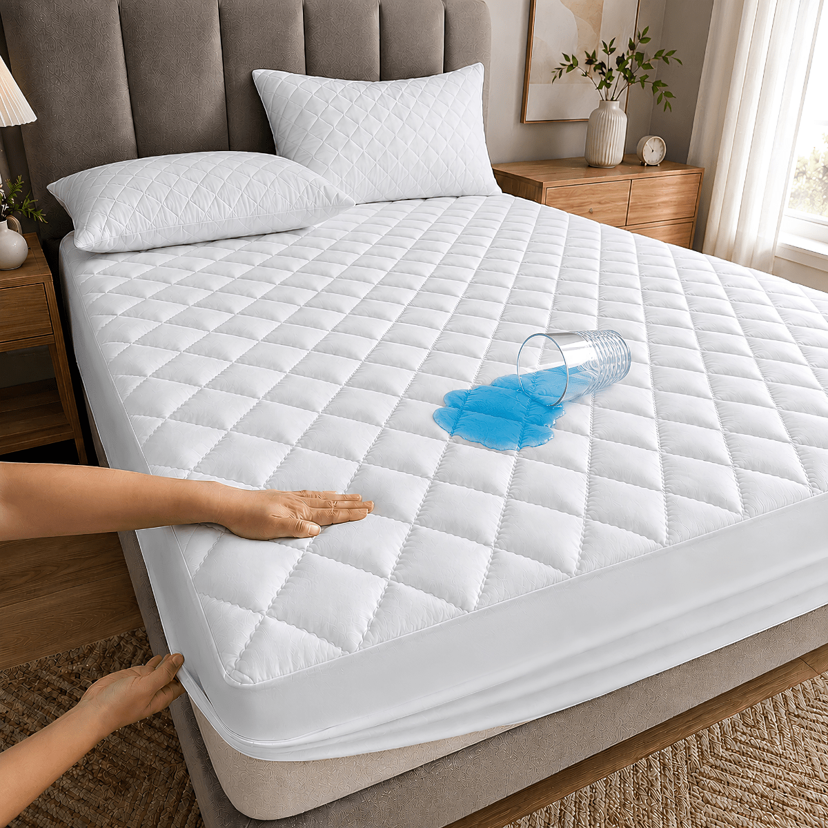 TEMU 1pc Waterproof Mattress Protector, Single-color Bed Mattress Cover, Soft, Comfortable And Silent, For , Deep With Corners For Bedroom And Guest