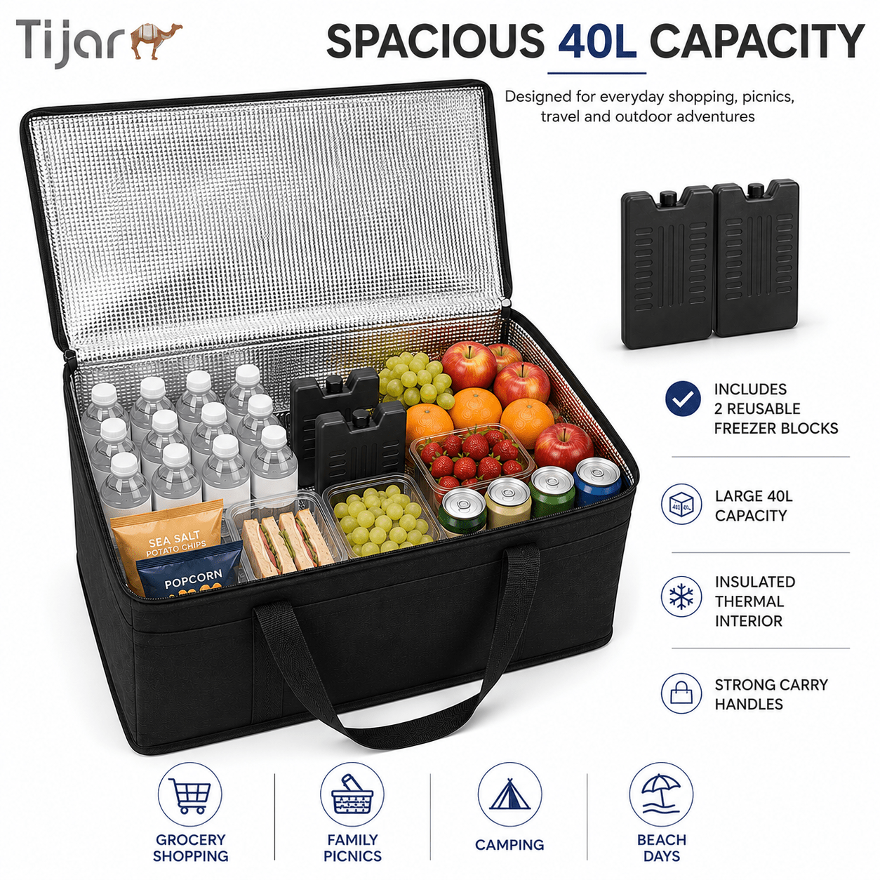 TEMU 40l Insulated Cooler Bag With 2 Reusable Freezer Blocks - Large Thermal Food Storage Tote For Shopping, Picnics, Camping &