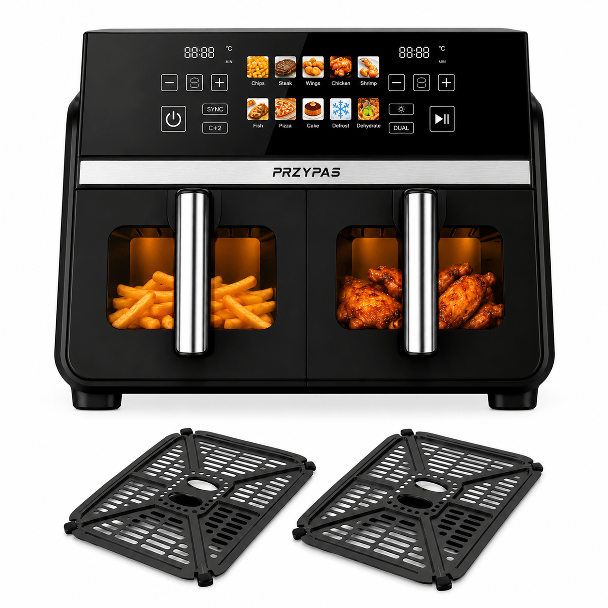 Fat-free Fryer 10l With Double Baskets 2x5l, Screen, 10 Cooking , Adjustable Temperature, Observation Window, Dishwasher Safe And Preparation Technology.
