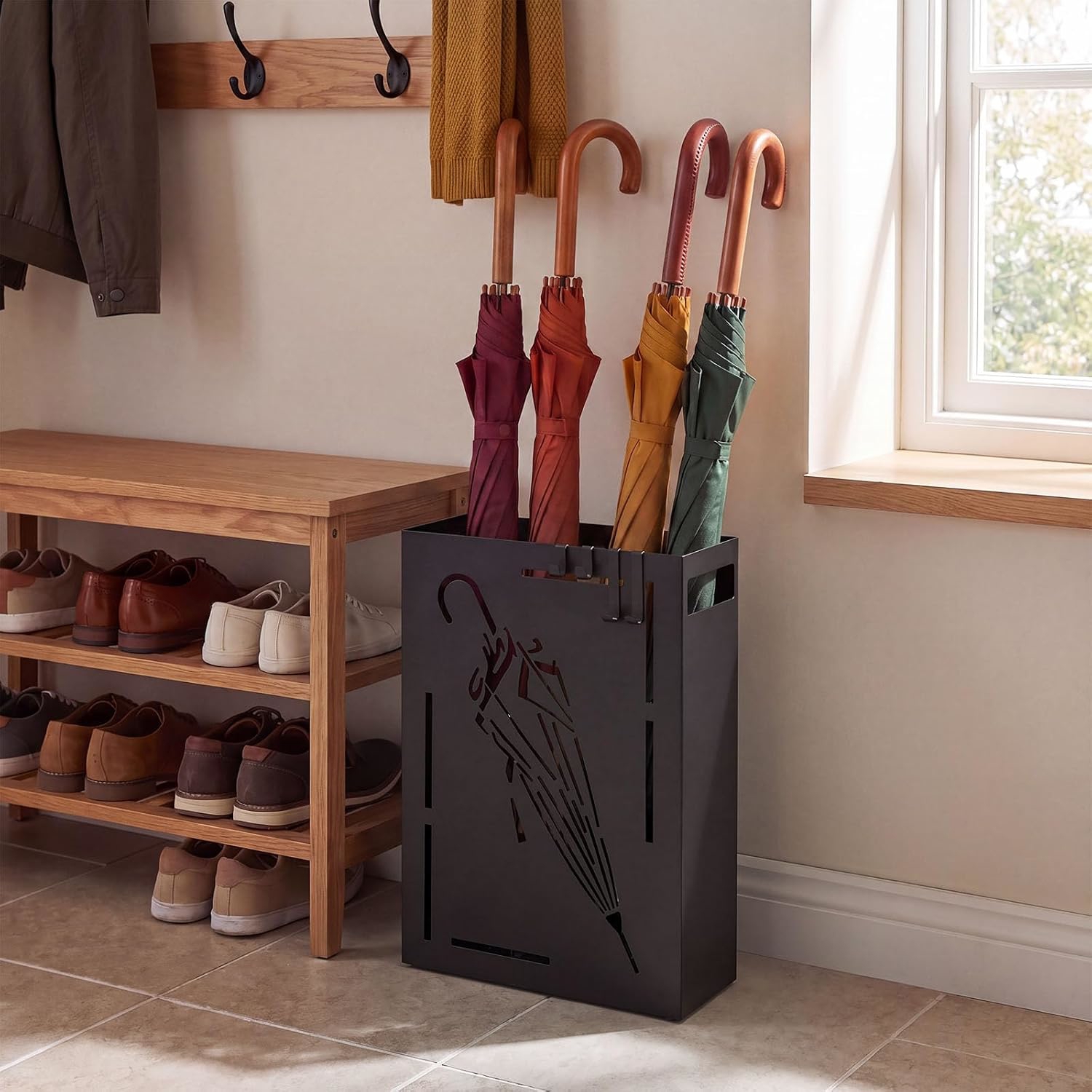 Image of Stand, Rectangular Umbrella Holder Rack With Removable Drip Tray And 4 Hanging Hooks, Heavy-duty Umbrella Stand Rack With Cutout Design For Home Office, Entryway And Hallway