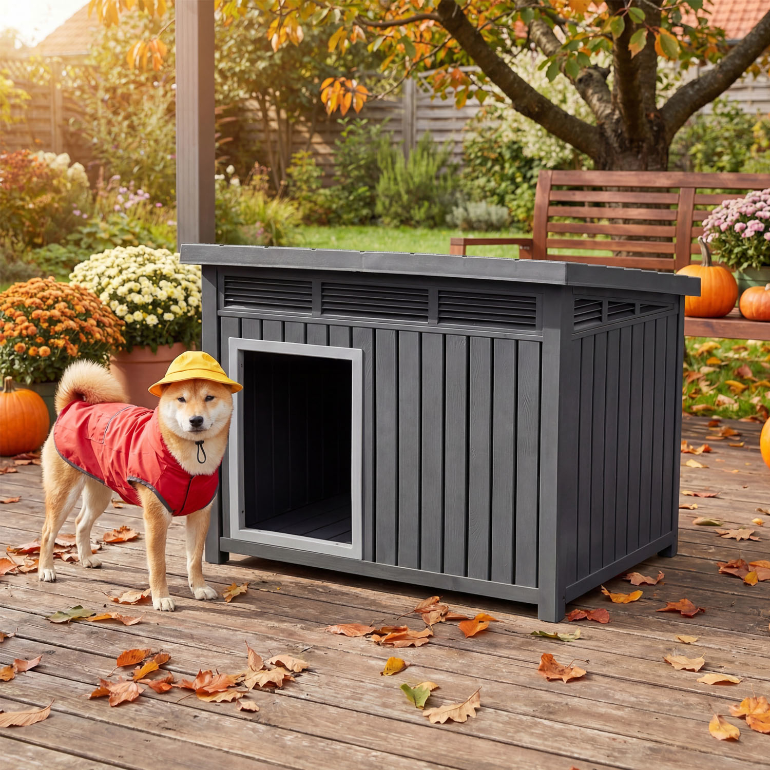 Image of Dog Kennel, House With Hinged Slanted Roof, Ventilation & Gas Struts, Small Animal House With Drainage Holes, Dog Den For Medium-sized Dogs, Black, 81 X 61 Cm