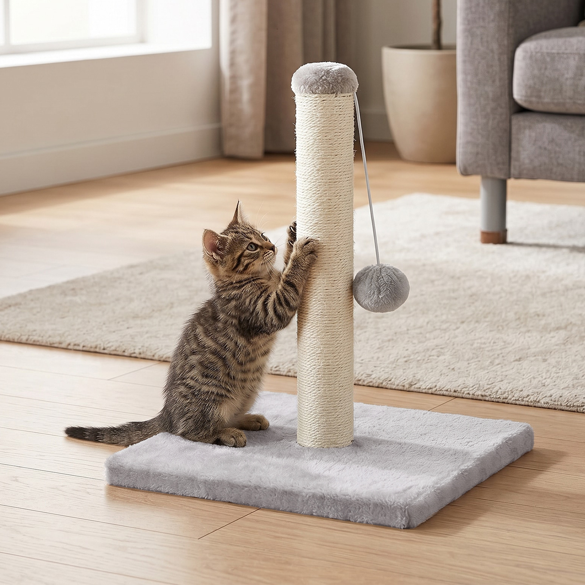 Image of Natural Sisal Scratching Post, Sturdy Cat Scratching Tree With Toy For Large Cats, 40 X 40 X 44 Cm, Light Grey