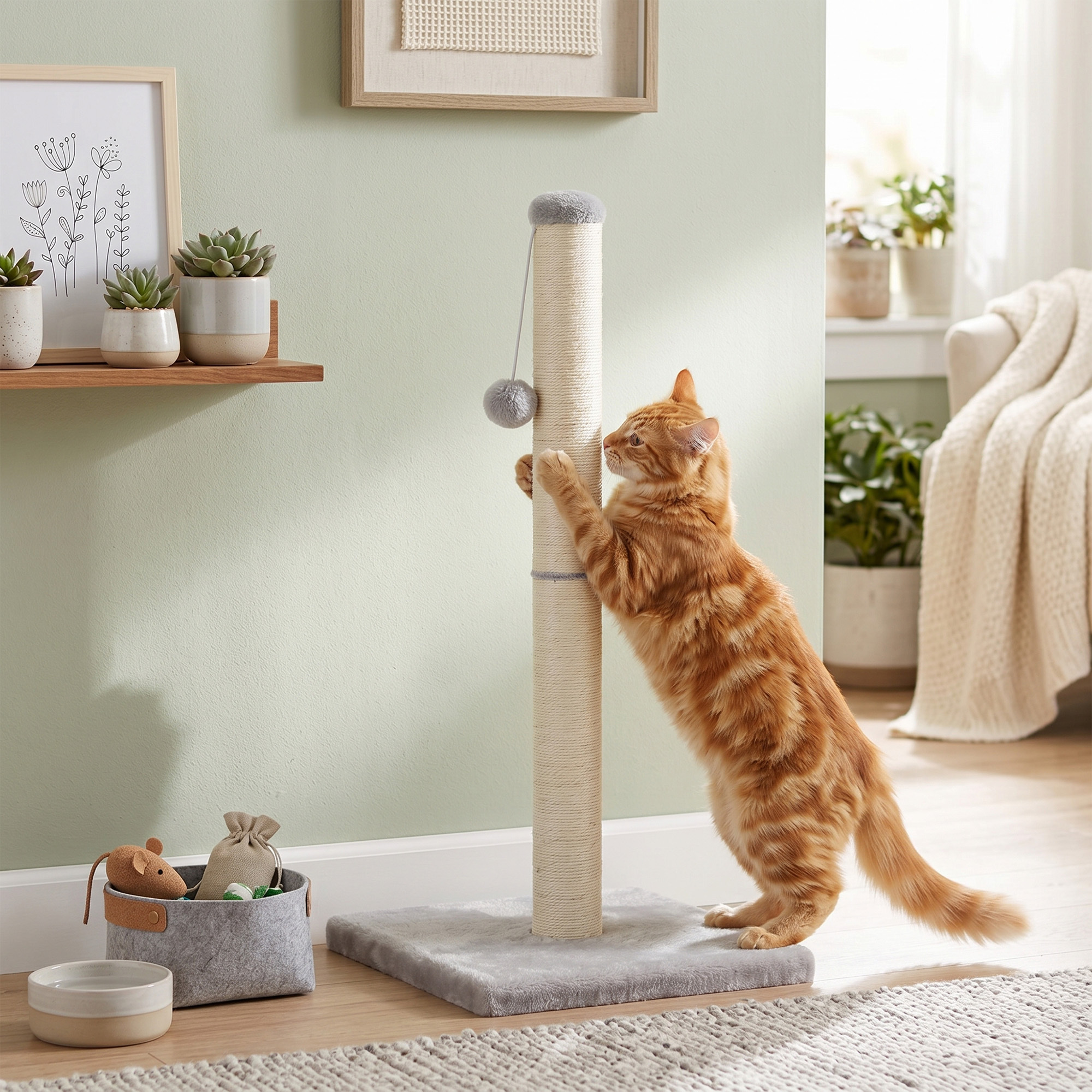 Natural Sisal Scratching Post, Sturdy Cat Scratching Tree With Toy For Large Cats, 40 X 40 X 84 Cm