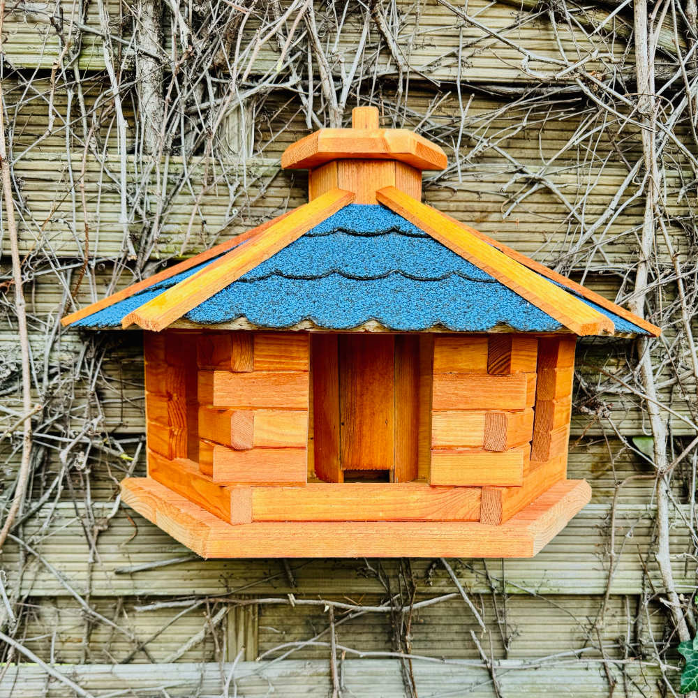 Wall-mounted Bird Feeder Xl, Wooden Birdhouse, Hanging Feeding Station, Brown, Blue, Weatherproof Bird Feeder