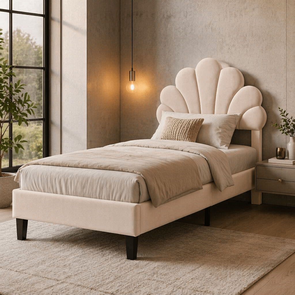 Image of Cozy Self Simple Bed, Universal Mattress For Youth Bed, Upholstered Bed Frame, Wooden Frame, 90x200 Cm, Velvet Headboard In Floral Shape, Comfortable And Warm, Beige, Pink