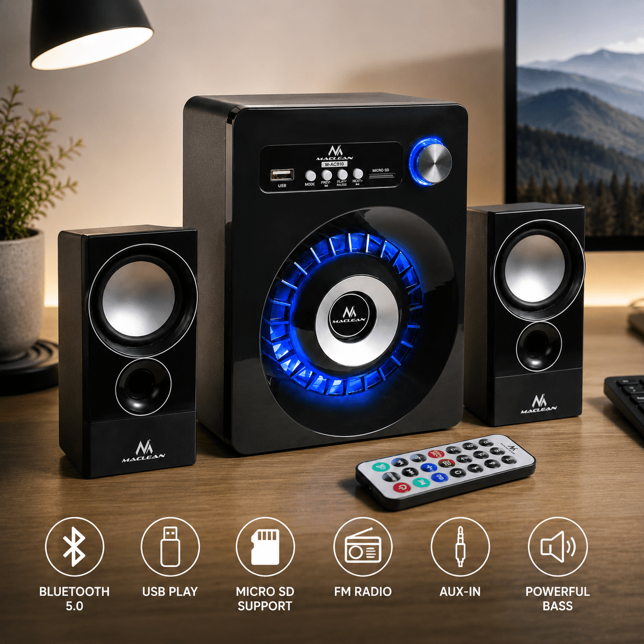 σετ bluetooth 2.1 ηχείο   m-ac910 με fm ραδιόφωνο, είσοδο κάρτας tf, aux, τροφοδοσία usb