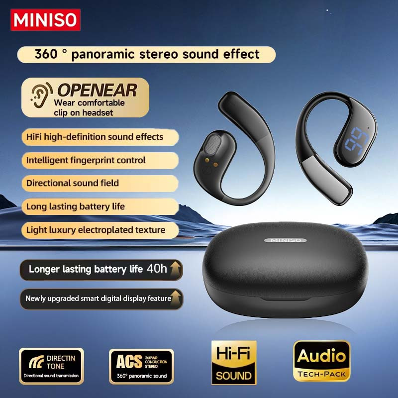 Miniso Ms223 Wireless Earhook Headphones, Soft Silicone Material, Control, Call Noise Reduction, Low Latency Gaming Mode, Hifi , Up To 40h Ultra-long