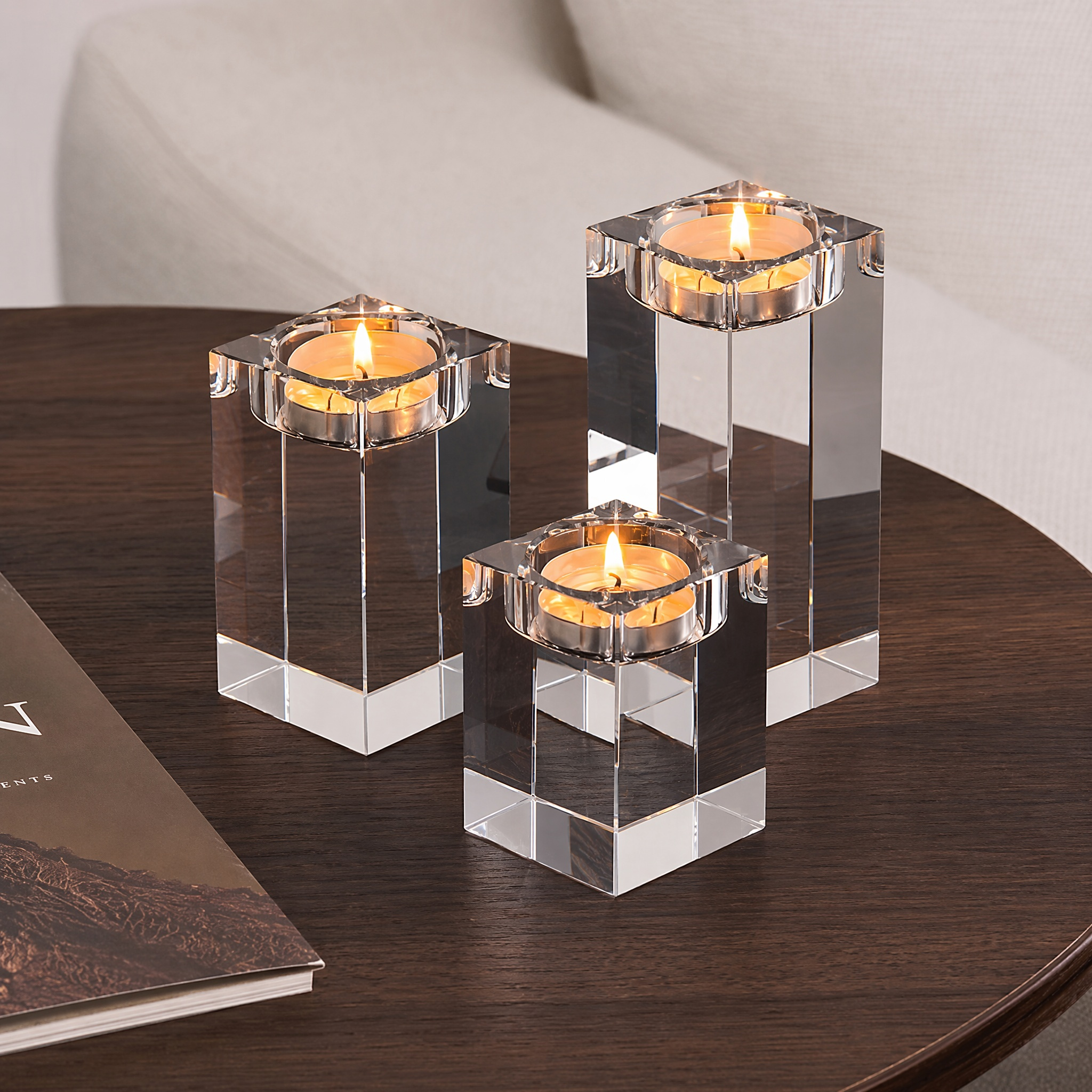 3 Sizes Square Clear Crystal Tealight Candle Holders Solid Block Glass Tea Light Holders For Dinner Table Wedding Party Living Room Fireplace Home Tabletop Decor Ornament