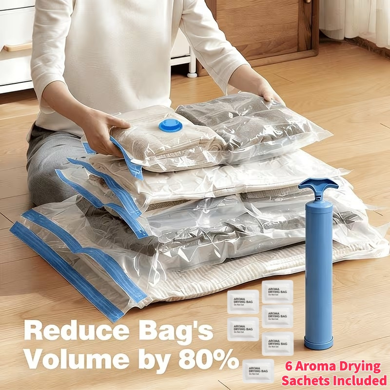 TEMU Set Of 7 Vacuum Storage Bags (with A Manual Pump) - Made From High-quality Materials, Bags Are Durable, Space-efficient, And Perfect For Storing