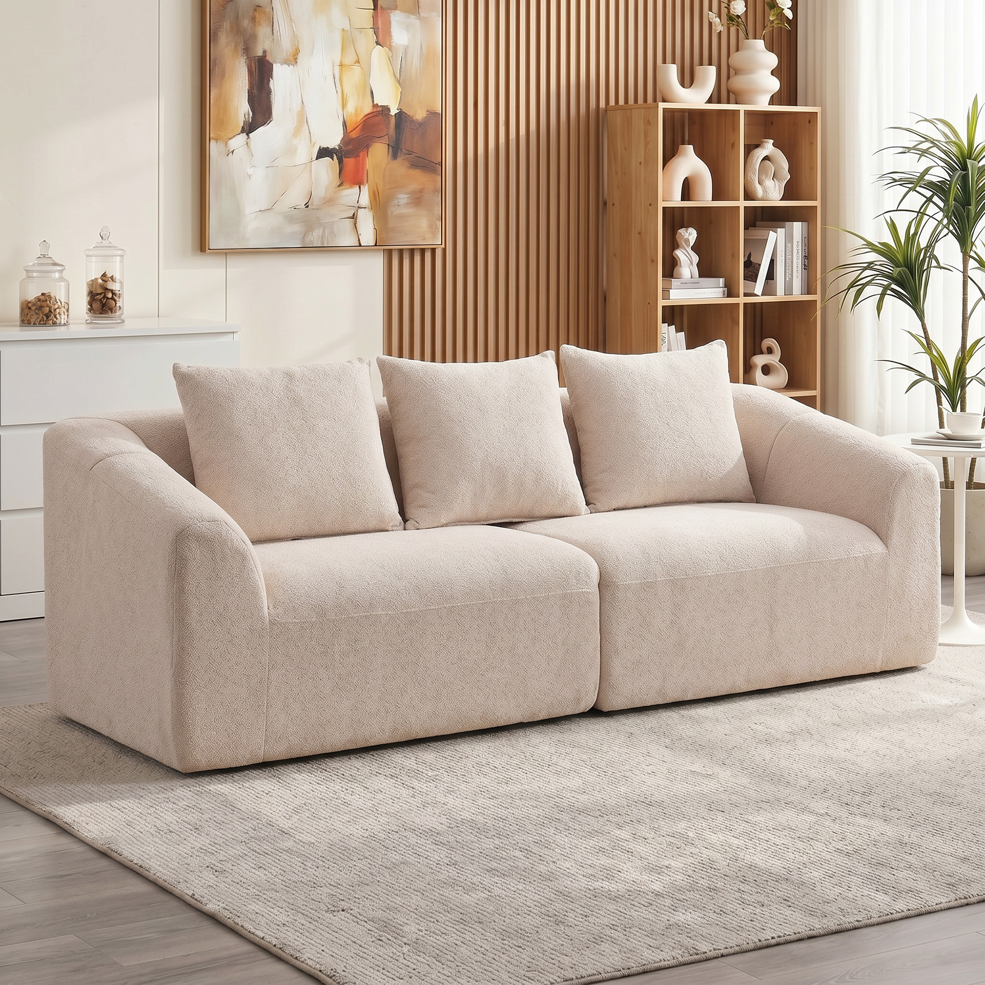Image of 3 Seater Sofa 225 Cm Comfortable Couch With Chenille Optics, Wide Seating Area Boneless Couch With 3 Cushions Assembly For Living Room Bedroom Office Beige