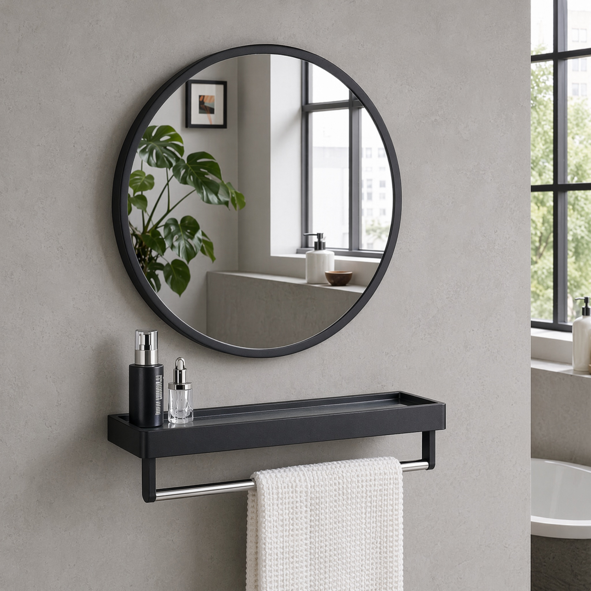 Image of Wall Mount Round Bath Mirror With Matching Storage Rack & Towel Rail Matte Black Metal Framed Vanity Mirror Organizer For Washroom Shower Space Wall Storage Decoration